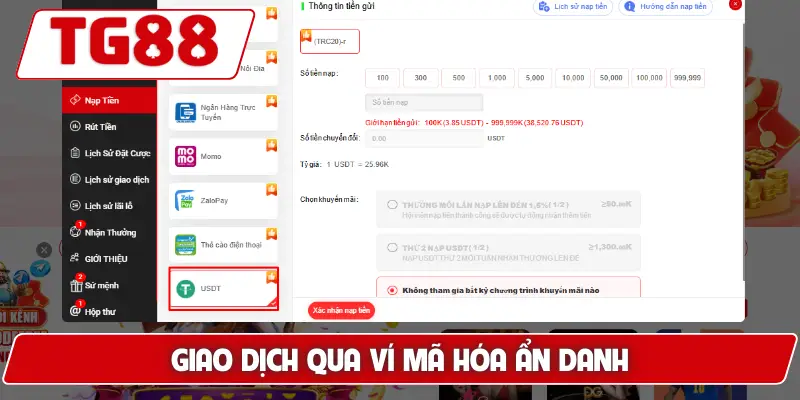 Hướng Dẫn Nạp Tiền Vào Tài Khoản TG88 - Nhanh Gọn Tiện Lợi 9 Giao dịch qua ví mã hóa ẩn danh